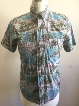 Mens, Hawaiian Shirt, AMERICAN EAGLE, Multi-color, Gray, Blue, Green, Charcoal Gray, Cotton, Hawaiian Print, Tropical , S, Teched/Overdyed Gray Toned Tropical/Hawaiian Pattern with Palm Trees, Ocean Scene, Etc, Short Sleeve Button Front, Collar Attached, Button Down Collar