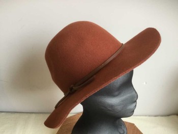 Womens, Hat , Brixton, Rust Orange, Brown, Wool, Solid, 7, Flat Brim Felt Hat with Brown Leather Simple Band