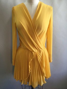 BCBGeneration, Turmeric Yellow, Polyester, Solid, Chiffon, Long Sleeves, Surplice, Knife Pleated Skirt On Elastic Waistband