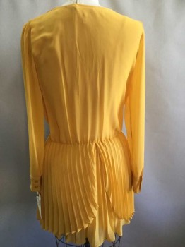 BCBGeneration, Turmeric Yellow, Polyester, Solid, Chiffon, Long Sleeves, Surplice, Knife Pleated Skirt On Elastic Waistband
