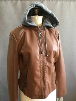 MARALYN & ME, Brown, Gray, Polyester, Cotton, Solid, JACKET:  Camel Brown, Western, Heather Hoody, Stand Collar Attached W/2 Snap Buttons, Zip Front, 2 Vertical Zip Pocket Bottom,detail Studs Work On Upper Arms & Back Waist, Short Side Belt