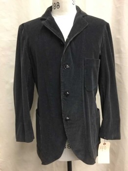 Mens, Jacket 1890s-1910s, NO LABEL, Gray, Cotton, 40, Single Breasted, 4 Buttons, 3 Patch Pockets, Black Buttons, Corduroy,