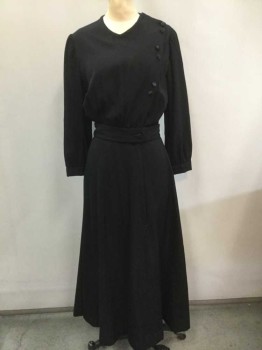 Womens, Dress 1890s-1910s, MTO, Black, Wool, Cotton, Solid, 26, 34, Crossover Top Panel with Hook & Eye Closure, Faux Fabric Covered Silk Button Detail, Gathered and Pleated At Waist, Slight Vneck, Long Sleeves Gathered At Cuff, Gored Skirt, Floor Length Hem, Self Belt Attached,