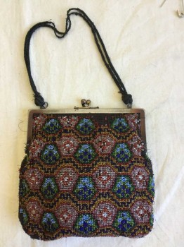 Womens, Purse 1890s-1910s, Red, Dusty Lavender, Green, Blue, Cotton, Beaded, Geometric, New Metal Hardware and Ball Clasp, Beading Worn Around Edges and By Hardware, Black Cotton String Handle,