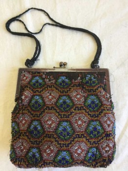 Womens, Purse 1890s-1910s, Red, Dusty Lavender, Green, Blue, Cotton, Beaded, Geometric, New Metal Hardware and Ball Clasp, Beading Worn Around Edges and By Hardware, Black Cotton String Handle,