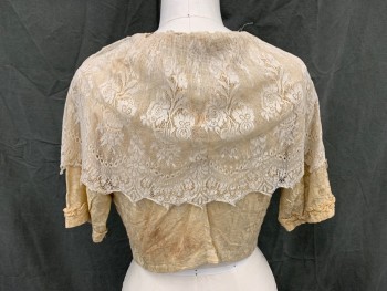 Womens, Historical Fiction Blouse, MTO, Taupe, Antique White, Cotton, Lace, Floral, B 34, Taupe Brocade Dolman Short Sleeve, Snap Front with Faux Modesty Panel, Passemetrie Trim, Oversized Antique White Scalloped Collar, Stain In Front Left