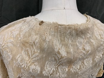 Womens, Historical Fiction Blouse, MTO, Taupe, Antique White, Cotton, Lace, Floral, B 34, Taupe Brocade Dolman Short Sleeve, Snap Front with Faux Modesty Panel, Passemetrie Trim, Oversized Antique White Scalloped Collar, Stain In Front Left