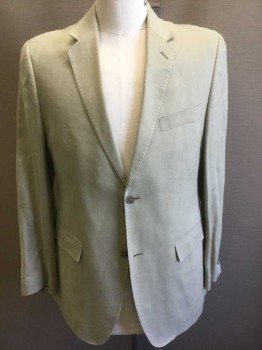 CALVIN KLEIN, Beige, Linen, Solid, Single Breasted, Notched Lapel, 2 Buttons, 3 Pockets, Beige and White Striped Lining