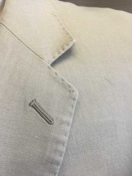 CALVIN KLEIN, Beige, Linen, Solid, Single Breasted, Notched Lapel, 2 Buttons, 3 Pockets, Beige and White Striped Lining