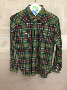 Polo, Green, Red, Navy Blue, White, Cotton, Plaid, Long Sleeves, Collar Attached,  Button Front, Snaps, Pockets
