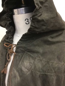 Unisex, Sci-Fi/Fantasy Cape/Cloak, N/L, Olive Green, Brown, Beige, Black, Cotton, Solid, Abstract , O/S, Heavy Cotton Canvas, Open Front with Button Closures, Brown Cord Tie At Neck, Splatterred Dark Black Paint & Tan Spray Painted Detail In Back, Arm Holes At Sides, Hooded, Aged/Worn