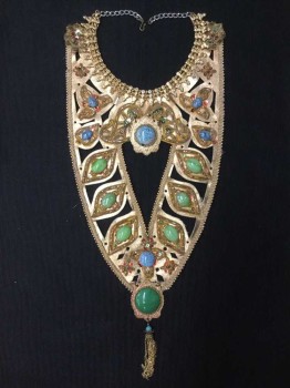 Unisex, Historical Fiction Collar, N/L, Gold, Turquoise Blue, Green, Red, Leather, Metallic/Metal, Floral, Novelty Pattern, (QUAD) Gold Leather with Gold Beads,red Sequins, Turquoise,green Stones Detail Work,  Chain Link Closure, See Photo Attached,
