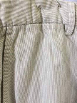 SAKS FIFTH AVE, Beige, White, Cotton, Stripes, Flat Front, Button Tab, Belt Loops, Zip Fly, 5 + Pockets (including Watch Pocket)