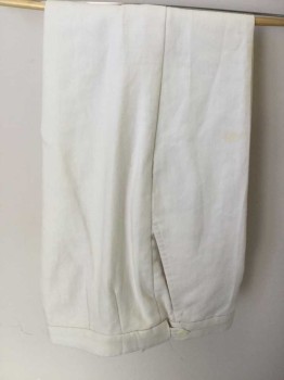Mens, 1930s Vintage, Suit, Pants, MTO, Ivory White, Linen, Solid, In30, W34, Flat Front, Adjustable Button Tabs, Stain on Left Thigh