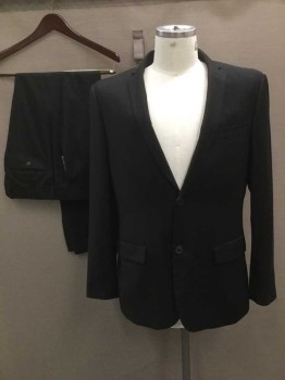 PERRY ELLIS, Black, Polyester, Viscose, Solid, Single Breasted, Collar Attached, Notched Lapel, 3 Pockets, 2 Buttons