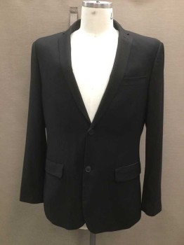 PERRY ELLIS, Black, Polyester, Viscose, Solid, Single Breasted, Collar Attached, Notched Lapel, 3 Pockets, 2 Buttons