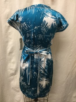 PROEZA SCHULER, White, Turquoise Blue, Silk, Polyester, Hawaiian Print, V-neck, Cap Sleeves, Neck Trim Knots at Bust and Becomes Belt That Ties in Back, Piped Stitched Trim on Sleeves As Well