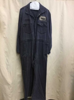 Mens, Coveralls/Jumpsuit, WORK RITE, Navy Blue, Cotton, Solid, M, Navy, Zip Front, Collar Attached, Long Sleeves, 4 Pockets, , Distressed, Aged and Destroyed Name Patch