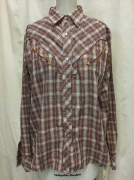 Womens, Shirt, NL, Beige, Rust Orange, Dk Brown, Gold, Cotton, Polyester, Plaid, B 36, Beige/ Rust/ Brown/gold Plaid, Snap Front, Long Sleeves, 2 Pockets,