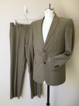 TOMMY HILFIGER, Taupe, Synthetic, Heathered, 2 Button Single Breasted, 1 Welt Pocket, 2 Pockets with Flaps, 2 Slits at Back