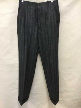 Mens, 1920s Vintage, Suit, Pants, PAUL CHANG'S, Charcoal Gray, Gray, Wool, Herringbone, Stripes - Pin, Ins:31, W:31, Alternating Group Stripes Of Teal And White, 4 Pckts, Flat Front, Button Fly, Cuffed Hem, Made To Order