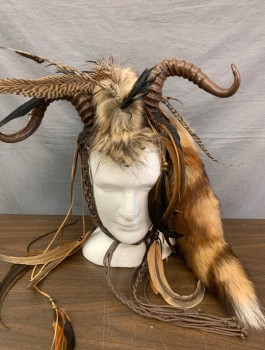 Unisex, Sci-Fi/Fantasy Headpiece, MISS G DESIGNS, Brown, Lt Brown, Leather, Fur, Leather Covered Fascinator with Attached Horns, Fur Pieces, and Feathers, Hanging Fox Tail at One Side, Brown Macrame Straps, Made To Order