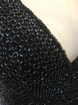 MACDUGGAL, Black, Silver, Nylon, Polyester, Sleeveless, V-neck, Fishnet Pattern of Bugle Beads, Sequin Waist and Trim on Neckline, Center Back Zipper, Left Thigh Slit