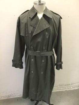 Mens, Coat, Trenchcoat, MOORE'S, Olive Green, Poly/Cotton, Solid, 42R, Double Breasted, Collar Attached, Epaulettes at Shoulders, 2 Pockets, Olive Nylon Lining, **With Matching Belt **MISSING Liner