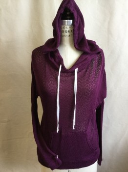 AQUA, Red Burgundy, Cotton, Rayon, Solid, Pull Over with Hood- with White D-string Shoe Lace, Kangaroo Pouch Pocket, Side Split Hem,  3/4 Sleeves