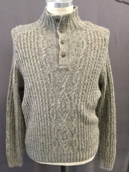 BROOKS BROTHERS, Gray, White, Yellow, Black, Wool, Solid, Rib Knit Mock Button Neck, Cableknit/rib Knit/chain Knit