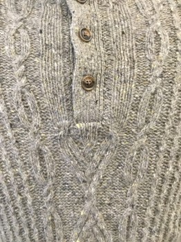 BROOKS BROTHERS, Gray, White, Yellow, Black, Wool, Solid, Rib Knit Mock Button Neck, Cableknit/rib Knit/chain Knit