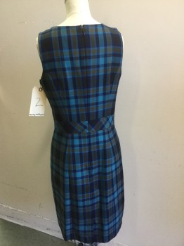 TOMMY HILFIGER, Navy Blue, Turquoise Blue, Brown, Black, Polyester, Plaid, Sleeveless, Round Neck,  Back Zip, Below Knee Length