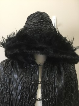 N/L MTO, Black, Leather, Fur, Intricately Smocked Texture Leather, Open at Center Front with 3 Black Jeweled Hook & Eye Closures, Hooded with Black Fur and Feather Trimming at Edge, Floor Length, Black Satin Lining, Made To Order