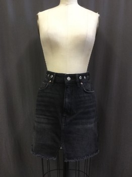 ALL SAINTS, Faded Black, Silver, Cotton, Solid, Denim, Zip Front, 5 + Pockets, Grommets All Around Waistband, Belt Loops, Frayed Unfinished Hem with Front Split