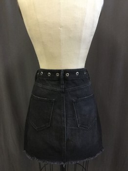 ALL SAINTS, Faded Black, Silver, Cotton, Solid, Denim, Zip Front, 5 + Pockets, Grommets All Around Waistband, Belt Loops, Frayed Unfinished Hem with Front Split