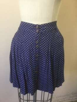 KIMCHI BLUE, Navy Blue, White, Rayon, Polka Dots, 1.5" Wide Self Waistband, Elastic Waist in Back, Gold and Navy Buttons in Groups of 2 at Center Front, 2 Side Pockets, Flared Shape