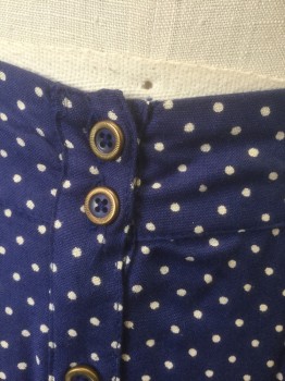 KIMCHI BLUE, Navy Blue, White, Rayon, Polka Dots, 1.5" Wide Self Waistband, Elastic Waist in Back, Gold and Navy Buttons in Groups of 2 at Center Front, 2 Side Pockets, Flared Shape