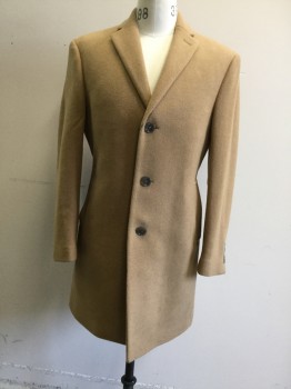 CALVIN KLEIN, Camel Brown, Wool, Polyester, Solid, Single Breasted, Collar Attached, Notched Lapel, 2 Pockets, Knee Length