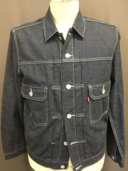 LEVI'S, Dk Blue, Gray, Cotton, Solid, Button Front, Collar Attached, Grey Top Stitch, Pocket Flap,