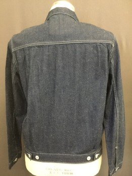 LEVI'S, Dk Blue, Gray, Cotton, Solid, Button Front, Collar Attached, Grey Top Stitch, Pocket Flap,