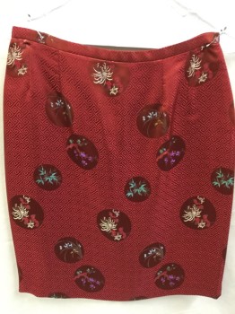 JENNI MAX, Dk Red, Gold, Gray, Purple, Teal Green, Silk, Abstract , Asian Inspired Theme, Dark Red with Abstract/ Asian Theme Circle Print, 3/4" Waistband, Zip Back, Bottom Split Back