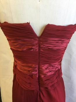 CARMEN MARC VALVO, Dk Red, Silk, Solid, Dark Red and Shimmer Red Gathered Braided Work Front, Strapless, Solid Bias Cut Skirt, Zip Back