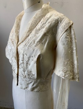 Womens, Bodice 1890s-1910s, N/L, Cream, Silk, Floral, Solid, W:27, B:36, Self Embroidery, Long Sheer Tulle Sleeves Under Short Opaque Sleeves, Tulle Fichu Like Collar at V-neck, Tiny Snap Closures, 2" Wide Self Waistband,