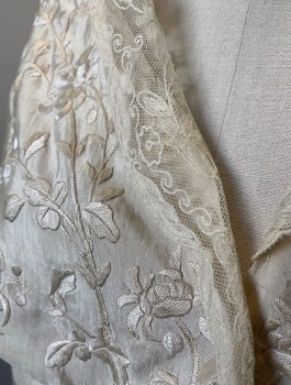 Womens, Bodice 1890s-1910s, N/L, Cream, Silk, Floral, Solid, W:27, B:36, Self Embroidery, Long Sheer Tulle Sleeves Under Short Opaque Sleeves, Tulle Fichu Like Collar at V-neck, Tiny Snap Closures, 2" Wide Self Waistband,