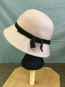 Womens, Cloche, PINS & NEEDLES, Mauve Pink, Dk Brown, Wool, Solid, 6 7/8, Modern Day Cloche Like Hat, Mauve with Dark Brown Velvet Ribbon Hat Band