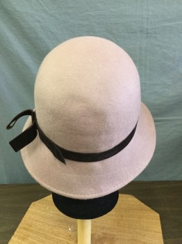 Womens, Cloche, PINS & NEEDLES, Mauve Pink, Dk Brown, Wool, Solid, 6 7/8, Modern Day Cloche Like Hat, Mauve with Dark Brown Velvet Ribbon Hat Band