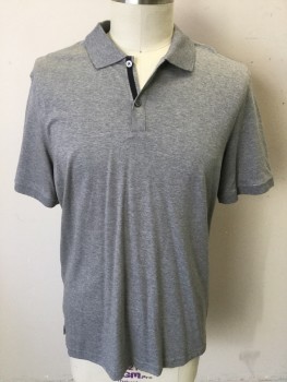 BANANA REPUBLIC, Heather Gray, Cotton, Heathered, Collar Attached, 1 Black Stripe Inside Placket Front, 2 Button Front, Short Sleeves,