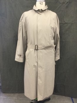 LONDON FOG, Putty/Khaki Gray, Polyester, Solid, Button Front, Hidden Placket, Collar Attached, Separate Button Tab at Collar, Raglan Long Sleeves, Button Tabs at Cuffs, Back Vent, Self Belt with Buckle, Belt Loops, Button Detachable Lining