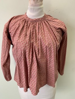 Womens, Historical Fiction Blouse, N/L MTO, Cranberry Red, Beige, Cotton, Calico , Floral, B42, Dotted Floral Calico, Long Sleeves, Buttons in Back, Gussets at Arm Pits, Round Neck with Gathering, Elastic Cuffs, Made To Order Frontier Prairie Woman
