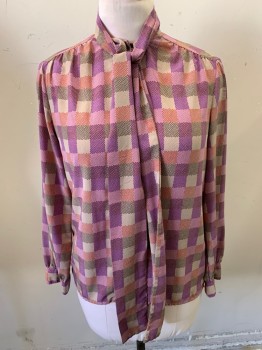 Womens, Top, PERSONAL, Tan Brown, Purple, Black, Red, Ivory White, Synthetic, Plaid, Dots, 8, Long Sleeves, Button Front, 7 Buttons, Self Tie Neck, 2 Button Cuffs, Small Gathers at Shoulder